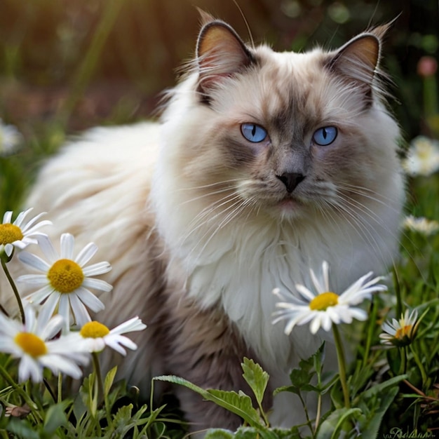 Vector a cat is sitting in the grass with daisies