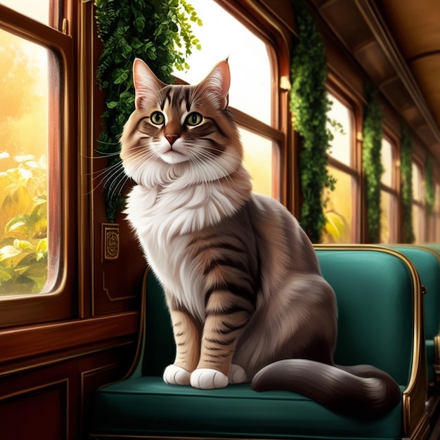 a cat is sitting on a green chair in a train