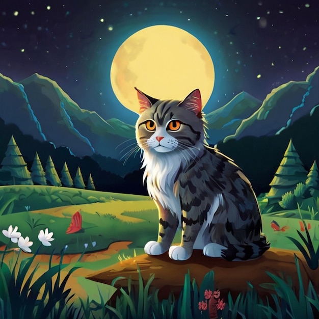 a cat is sitting on a log in a forest with a full moon in the background