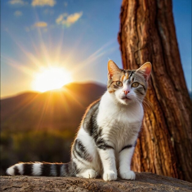 Vector a cat is sitting on a rock with the sun behind it