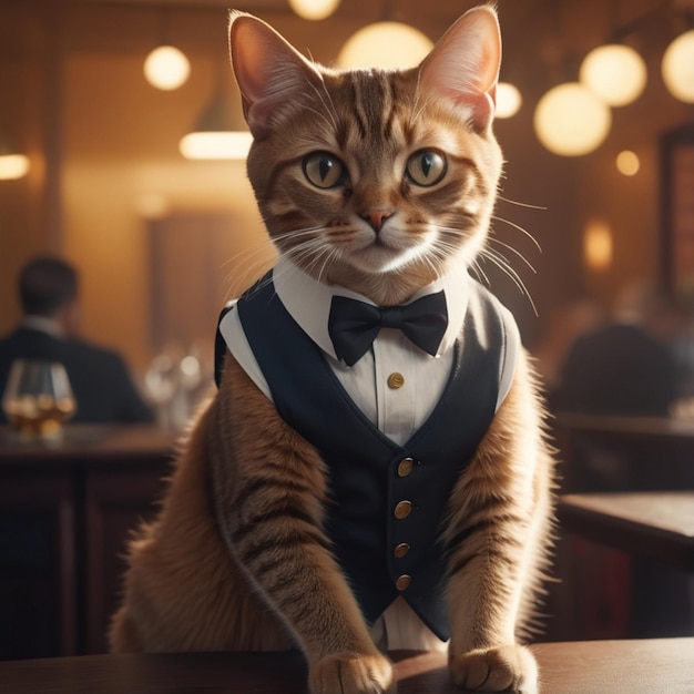 a cat is sitting on a table with a bow tie on it