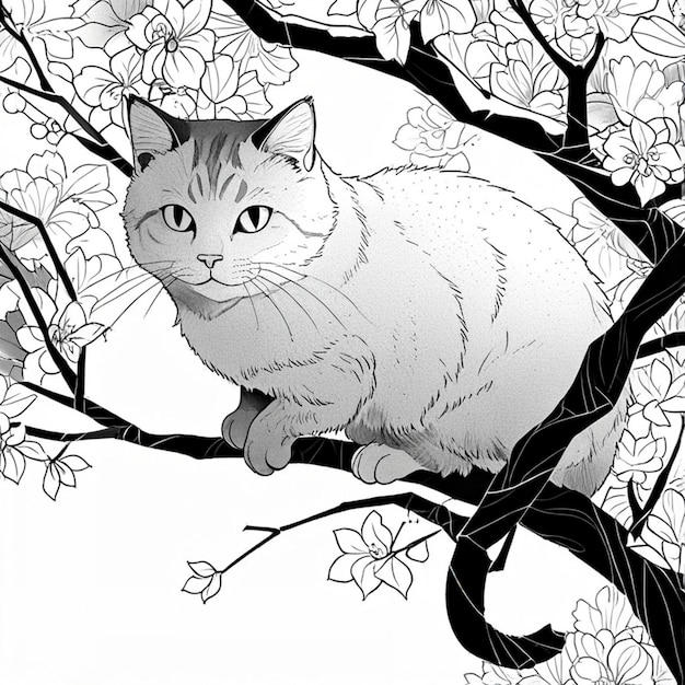 Vector a cat is sitting on a tree branch with a flowered background