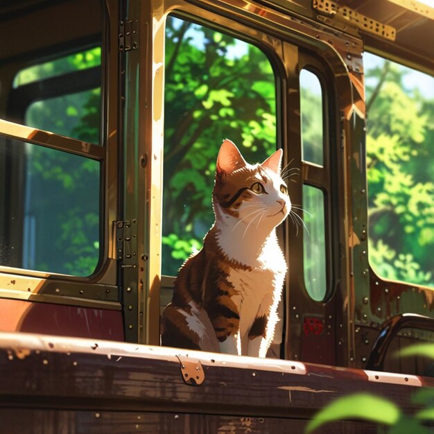 Vector a cat is sitting in the window of a train