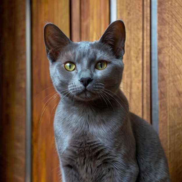 a cat is sitting on a wooden bench and is looking at the camera