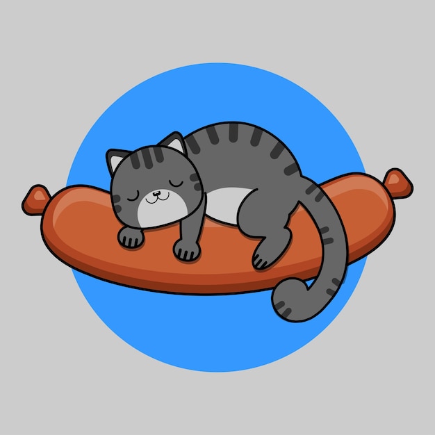 The cat is sleeping on the sausage Sleeping gray cat and sausage Vector illustration