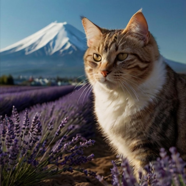 Vector a cat is standing in front of a mountain with a mountain in the background