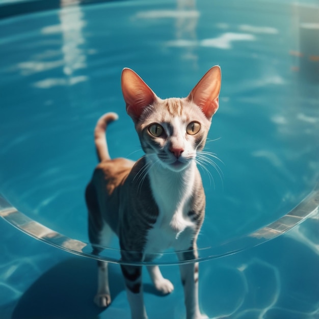 a cat is standing in a pool with the water in the background