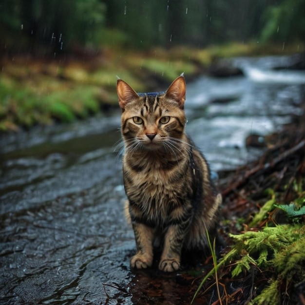 Vector a cat is standing in the rain in the rain