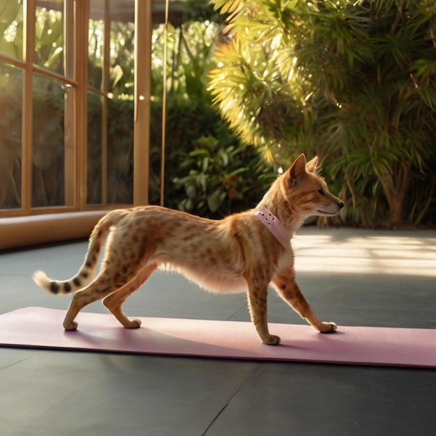 Vector a cat is standing on a yoga mat in a garden