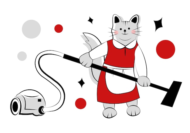 The cat is vacuuming House cleaning Vector illustration in doodle style