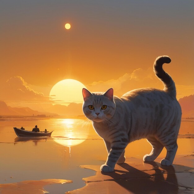 Vector a cat is walking on a beach with a boat in the background