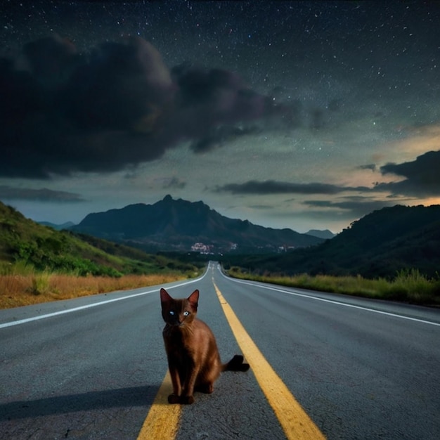 a cat is walking on the road in the middle of the road