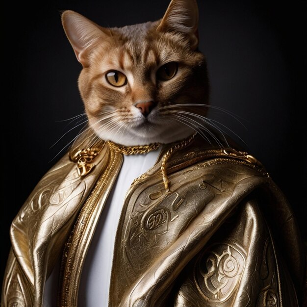 Vector a cat is wearing a gold robe with a gold design