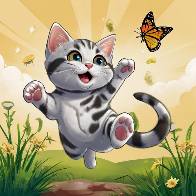 Vector a cat jumping in the air with a butterfly on its back