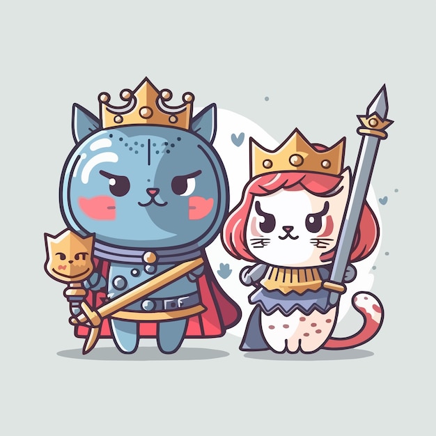 The cat king and queen wear knight uniforms like heroes flat cartoon design