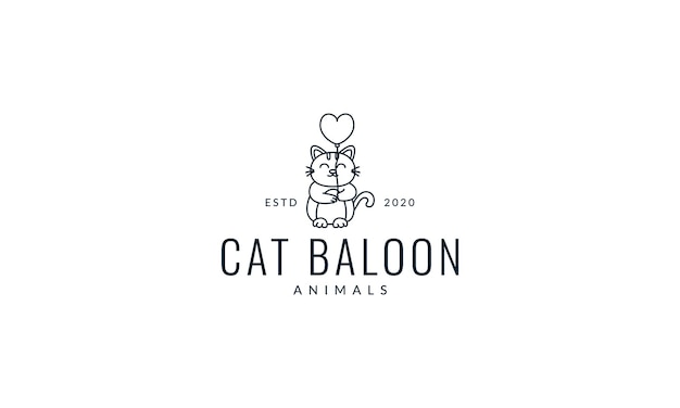 Cat or kitty or kitten or pet line with balloon smile cute cartoon logo vector  illustration