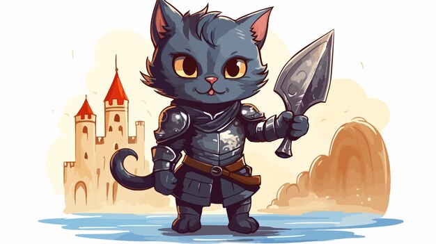 Vector cat knight cartoon illustration for fantasy adventures