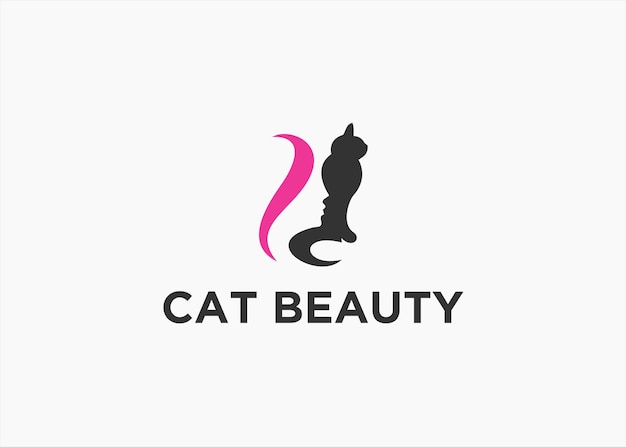 cat logo with girl design vector illustration on white background