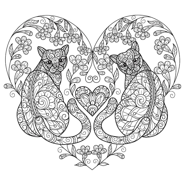 Cat and love hand drawn for adult coloring book