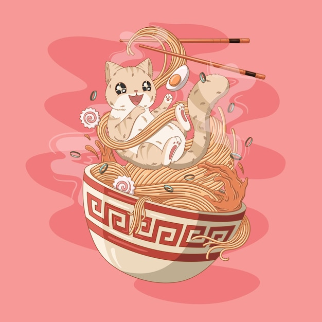 Cat Love Ramen Noodles Illustration