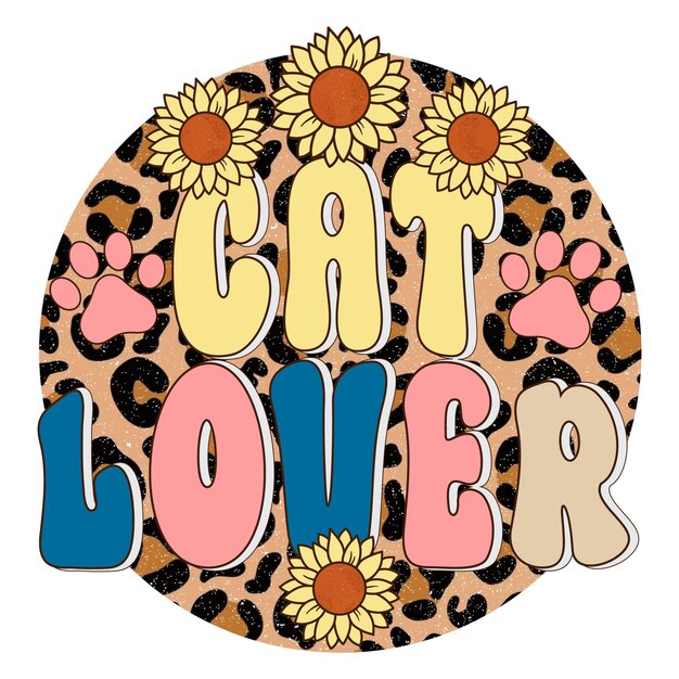 Vector a cat lover logo with yellow and pink flowers and sunflowers.