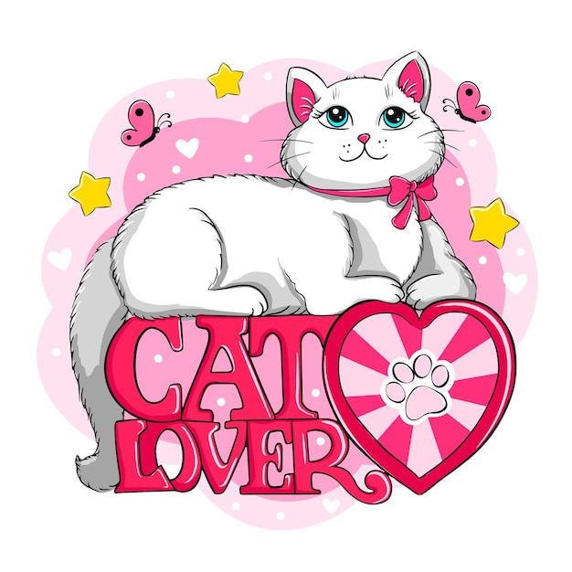 Cat lover slogan with a cute white and fluffy cat Vector cartoon sticker