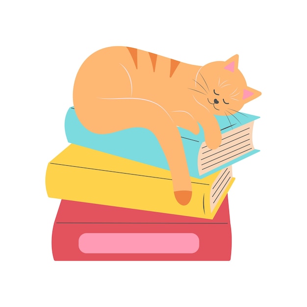 Vector cat lying asleep on a stack of books book library education literature knowledge illustration