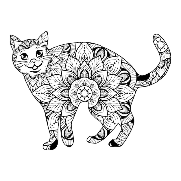 Cat Mandala Coloring Vector Illustration