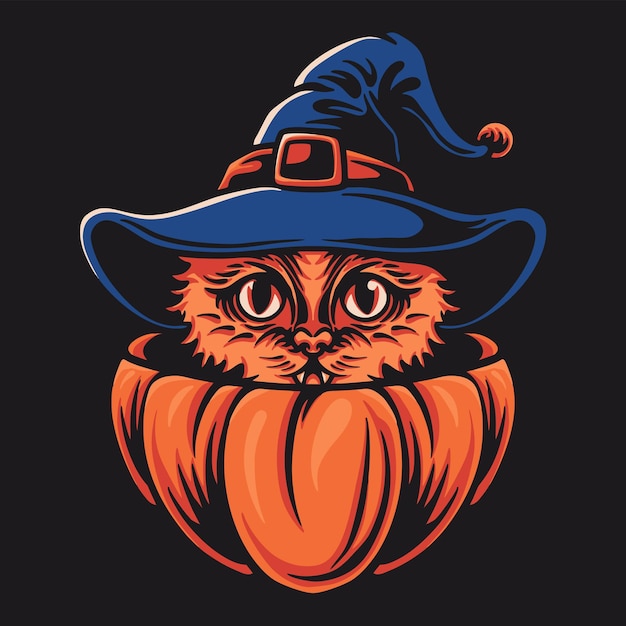 Cat and Orange Pumpkin Character Vector Ilustration