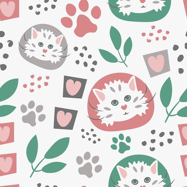 Cat pattern with hearts and leaves in cartoon style