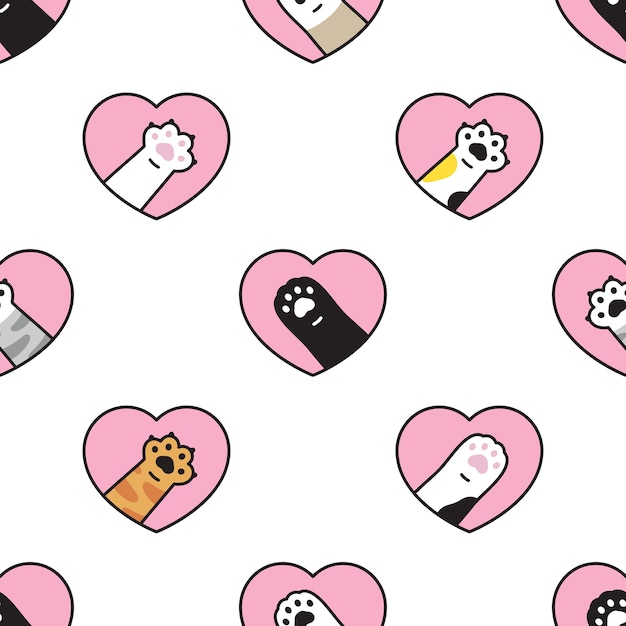 Cat paw seamless pattern heart valentine kitten calico cartoon