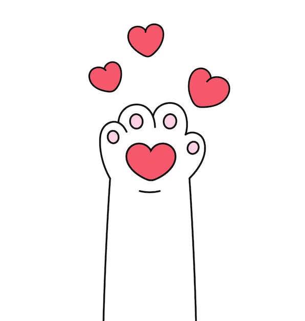 Cat paw with hearts Paw pad toe bean in a shape of a heart Cute love vector doodle drawing