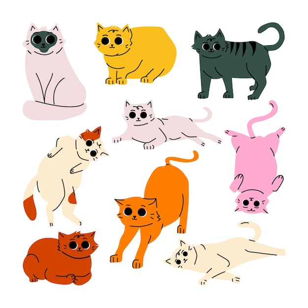 Cat Pet Hand Drawn Illustration Cartoon cat set with different poses