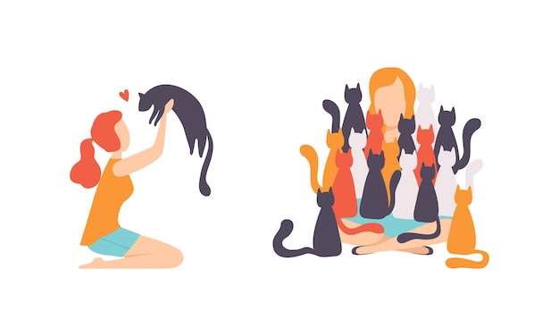 Vector cat pet owners set young woman surrounded by pets flat vector illustration