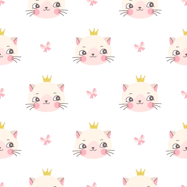 Cat princess seamless pattern Kitty in gold crown cute funny print for girl Childish nursery graphic baby fabric art template Nowaday cartoon vector background