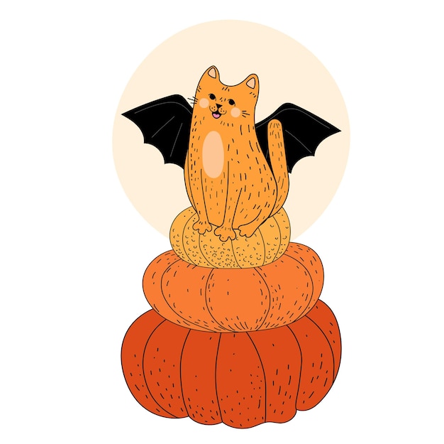 Cat on a pumpkin. Halloween. Pumpkin. Autumn. Red cat with wings. Flat illustration. Vector.