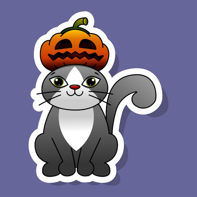 Cat in a pumpkin hat Gray cat and pumpkin Smiling pumpkin for Halloween Vector illustration