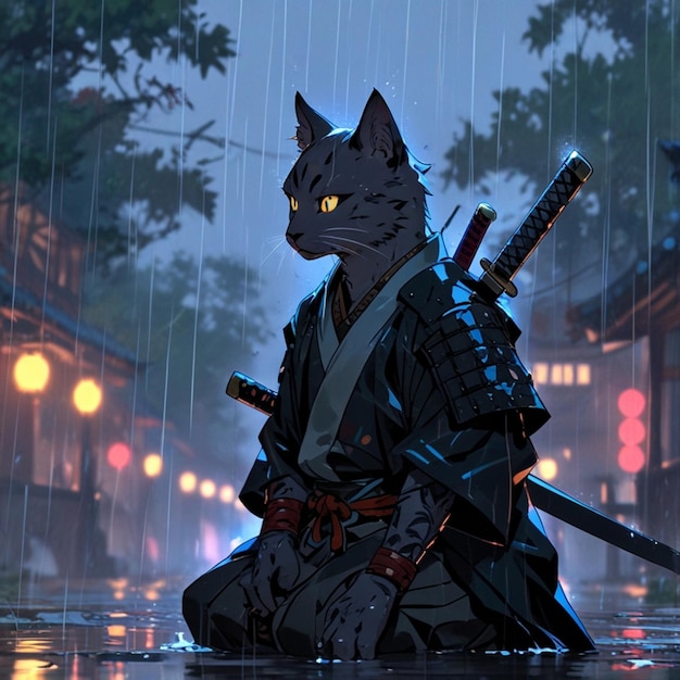 Vector a cat in the rain with a sword in his hand