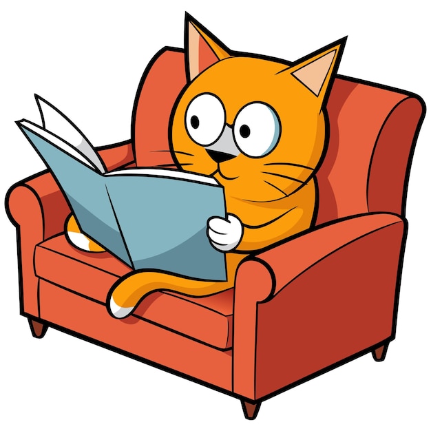 A cat reading book vector art illustration solid white background