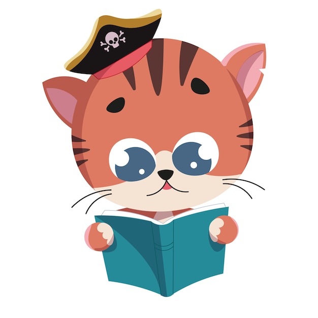 Vector cat reading a book with a pirate's hat