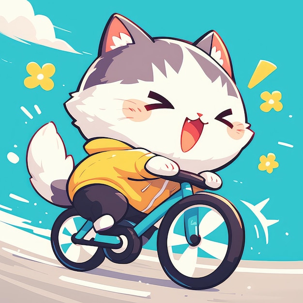 A cat riding a bicycle cartoon style