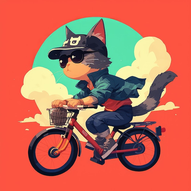 A cat riding a bicycle cartoon style