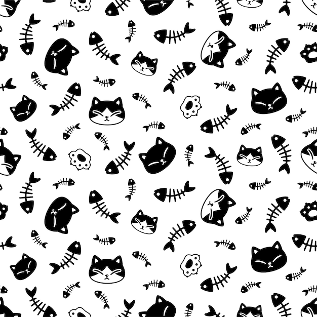 cat seamless pattern calico kitten paw footprint fish bone