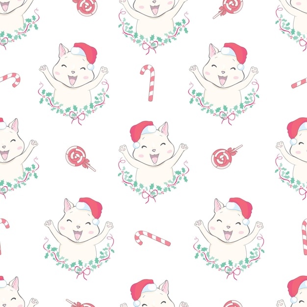 Cat seamless pattern Christmas vector Santa Claus Hat Xmas kitten cartoon isolated tile background repeat wallpaper illustration