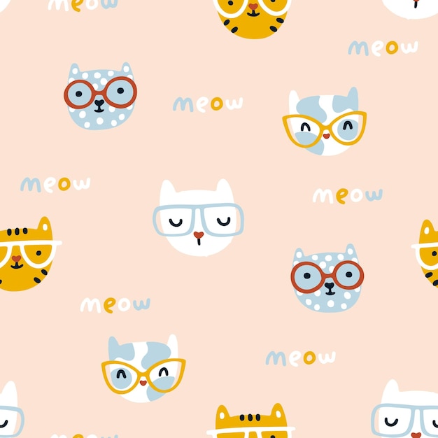 cat seamless pattern cute kittens with glasses nursery characters in a simple handdrawn naive