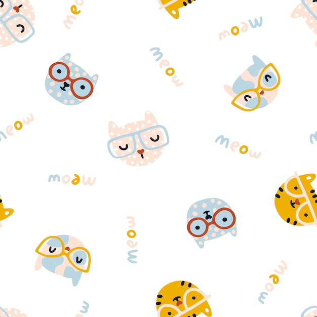 cat seamless pattern cute kittens with glasses nursery characters in a simple handdrawn