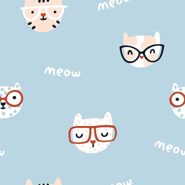 Cat seamless pattern Cute kittens with glasses Nursery characters in a simple handdrawn