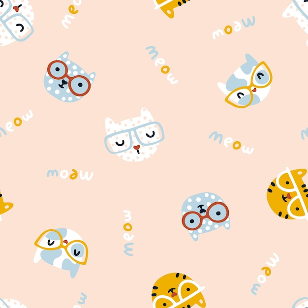 cat seamless pattern cute kittens with glasses nursery characters in a simple handdrawn