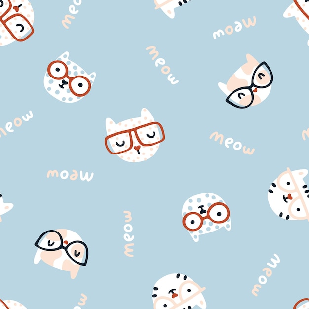 Cat seamless pattern Cute kittens with glasses Nursery characters in a simple handdrawn