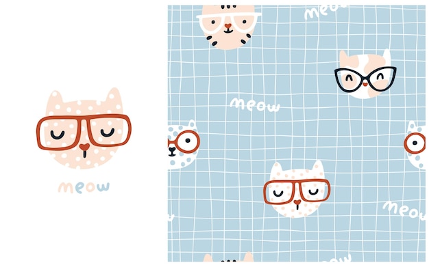 Cat seamless pattern Cute kittens with glasses Nursery characters in a simple handdrawn